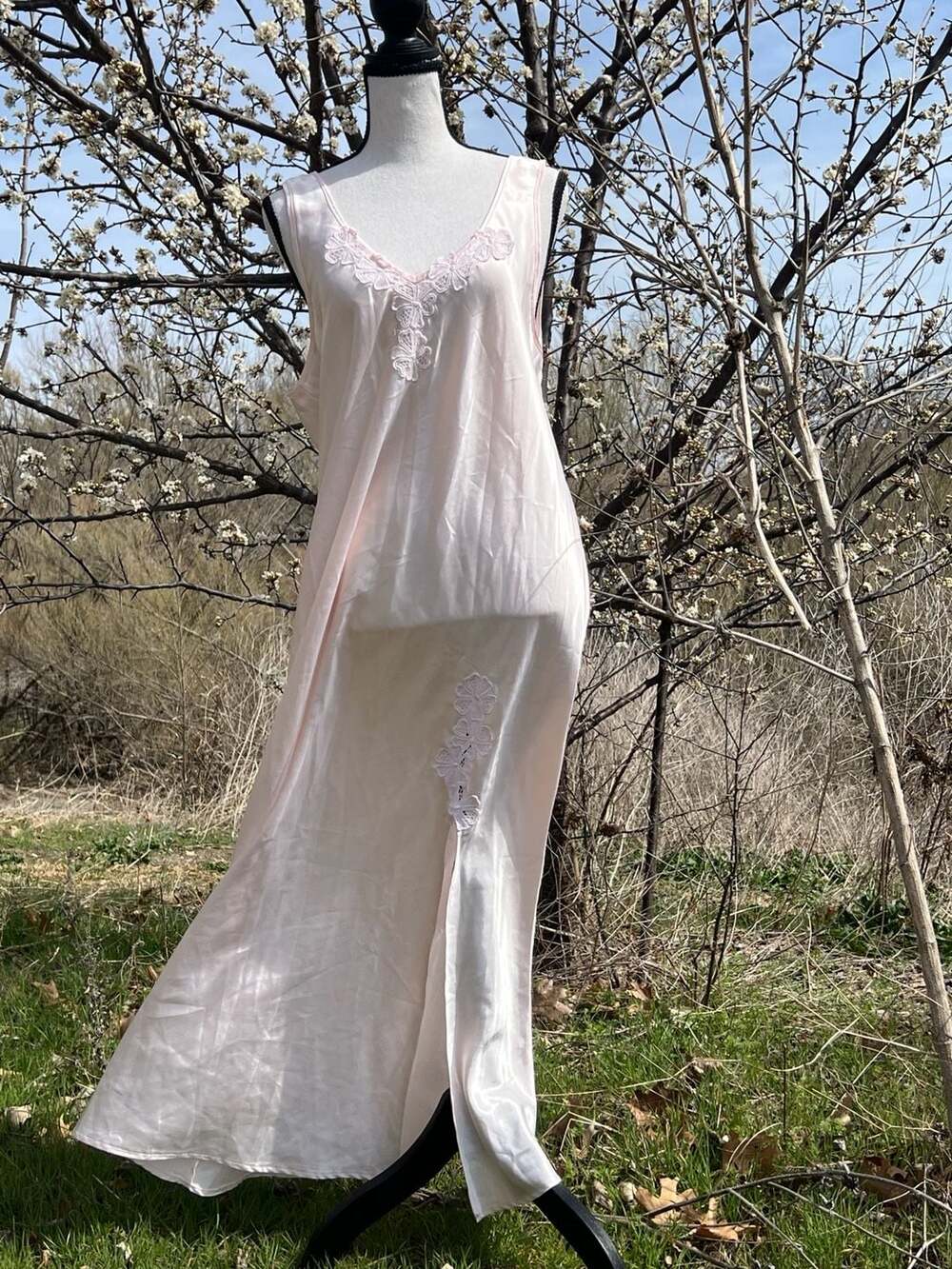 Vintage Bed of Roses Pink Satin Lace Trim Long Nightgown Slip Dress XXXL
